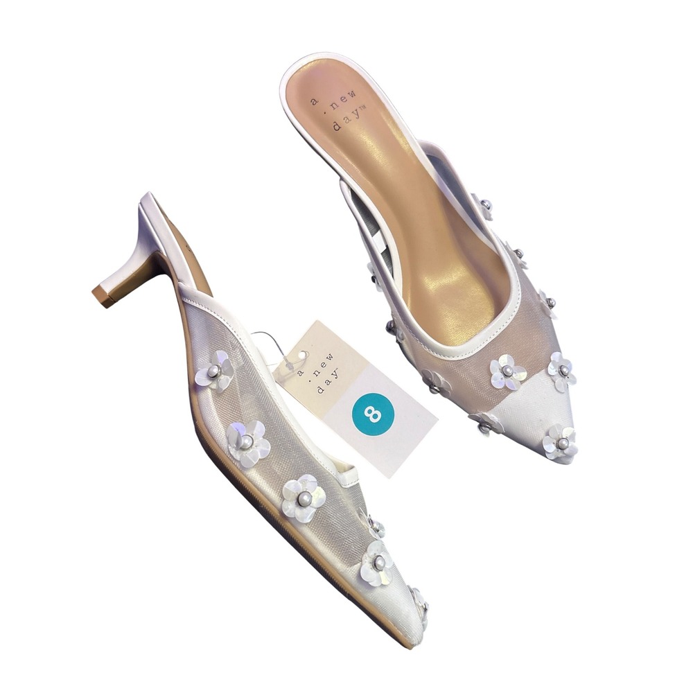 NEW A New Day Delilah White Mesh Floral Pointed Toe Mule Kitten Heels 8